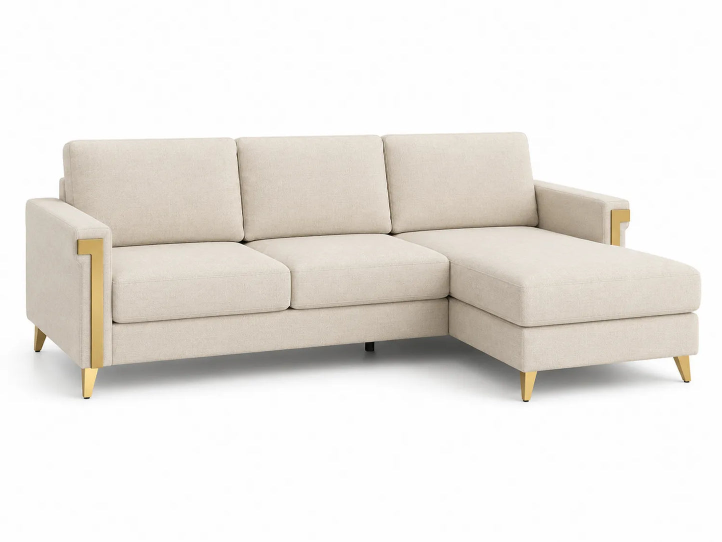 Divano angolare in tessuto con chaise longue e gambe in metallo
