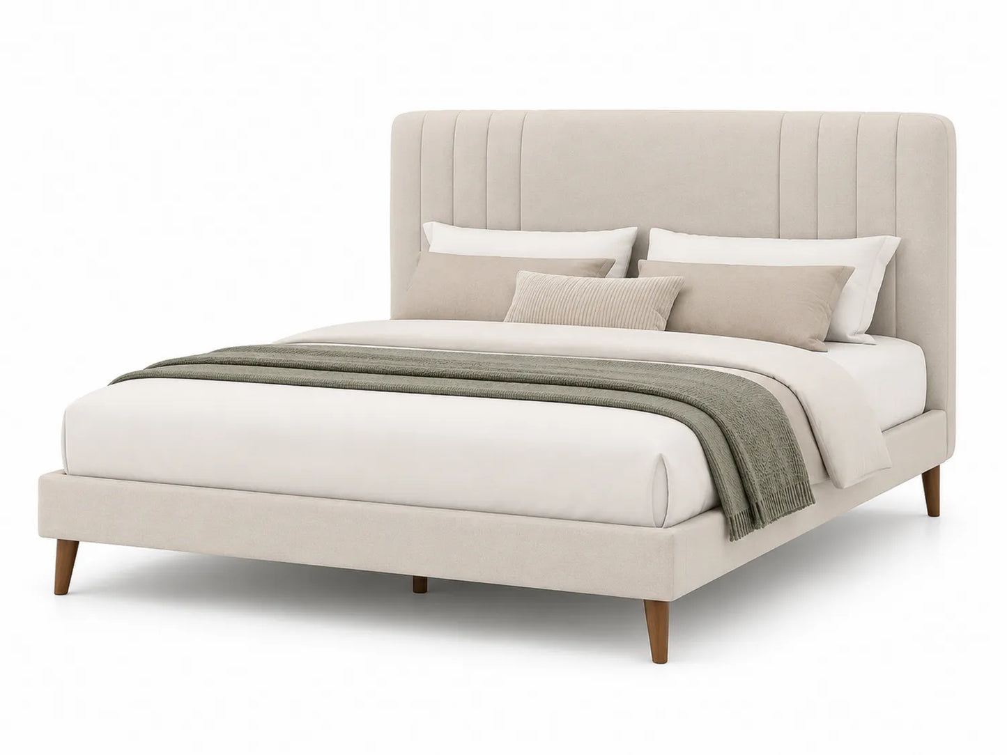 Letto matrimoniale in tessuto beige con testiera e gambe in legno