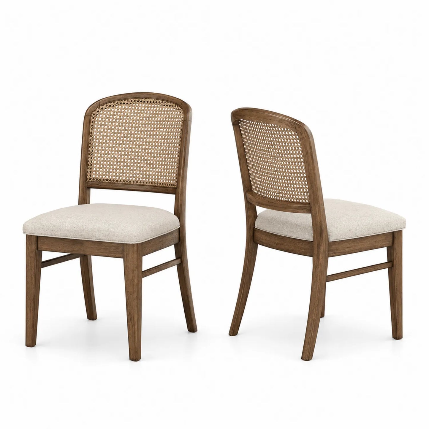 Set di 2 Sedie da Pranzo in Legno con Schienale in Rattan e Seduta Imbottita Beige