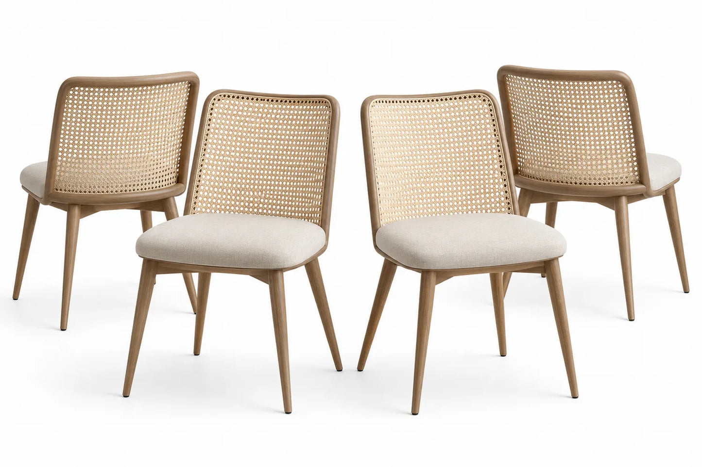 Set di 4 sedie in legno con schienale in rattan e seduta in tessuto beige