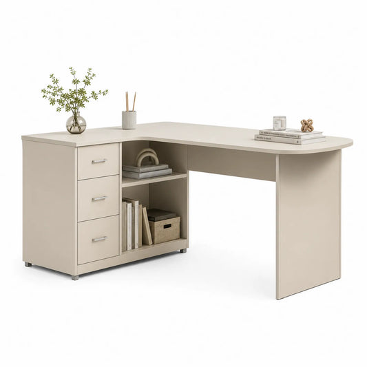 Scrivania Angolare con Cassetti e Ripiani Beige
