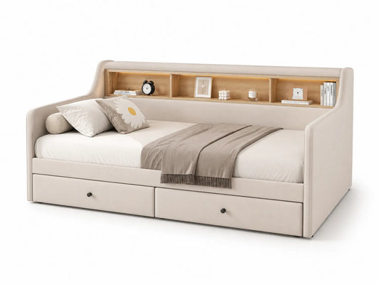 Letto con Contenitore in Tessuto Beige e Scaffali