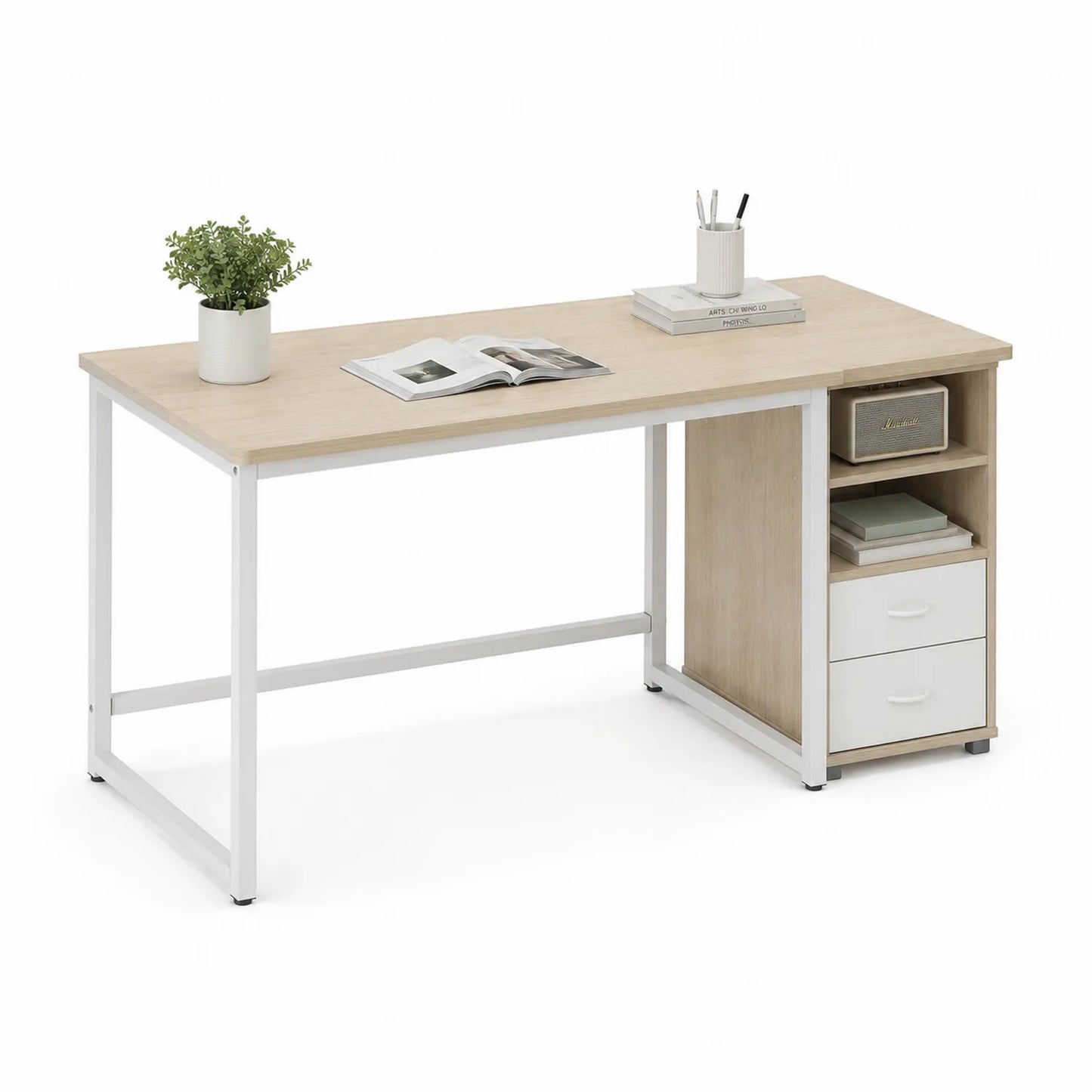 Scrivania in Legno e Metallo con Scaffale Laterale Bianco 120x60x75 cm