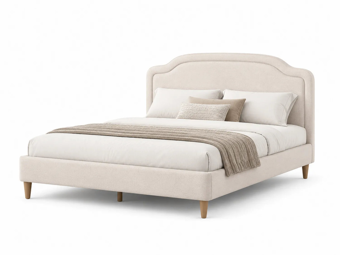 Letto matrimoniale in tessuto beige con testiera arcuata