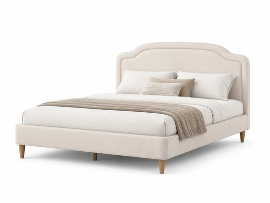 Letto matrimoniale in tessuto beige con testiera arcuata