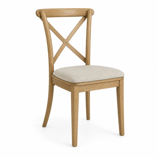 Sedia da Pranzo in Legno di Rovere con Seduta in Tessuto Beige