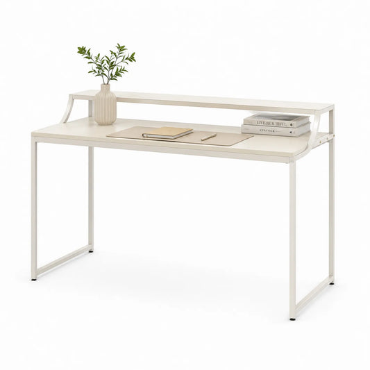 Scrivania rettangolare in MDF e metallo bianco con mensola