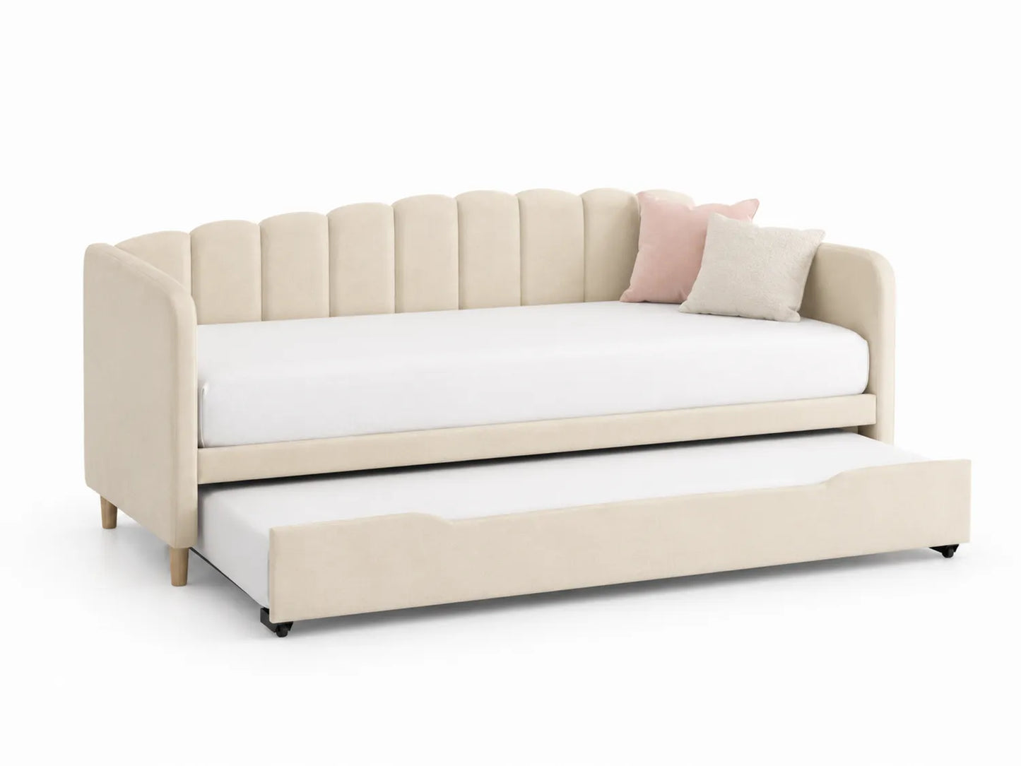 Divano Letto Estraibile in Velluto Beige con Cuscini