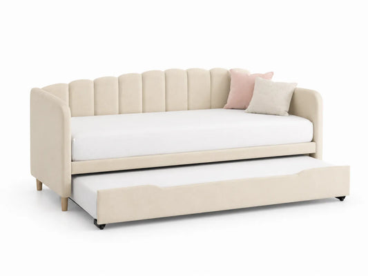 Divano Letto Estraibile in Velluto Beige con Cuscini