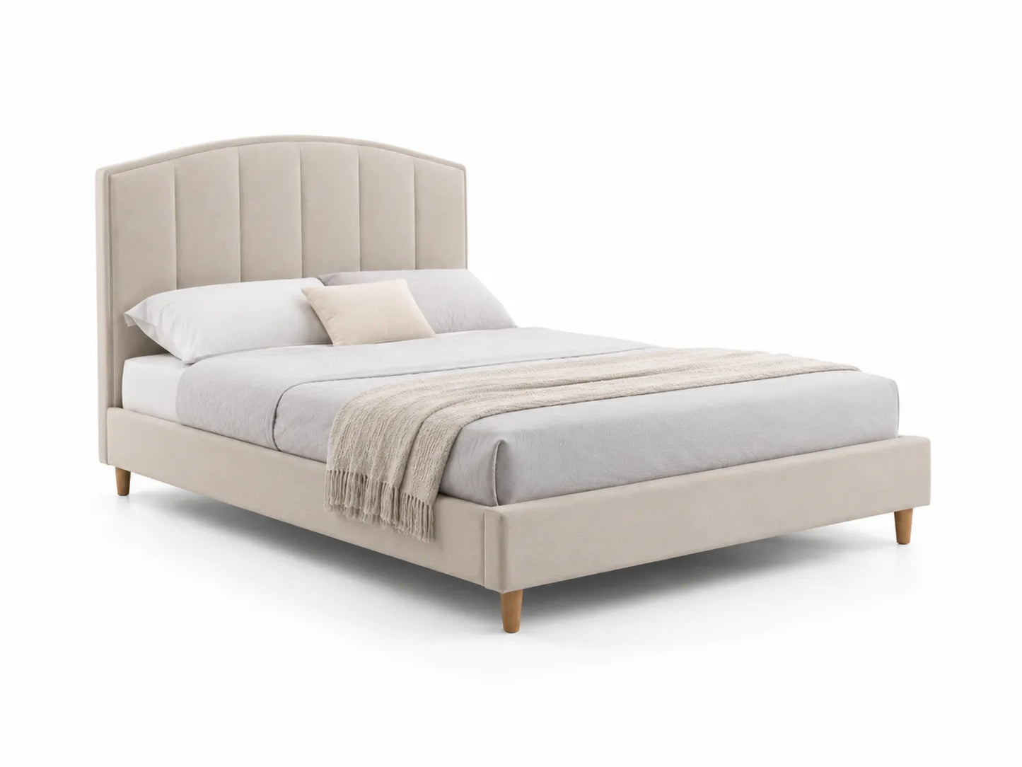 Letto matrimoniale in velluto beige con testiera imbottita e piedi in legno