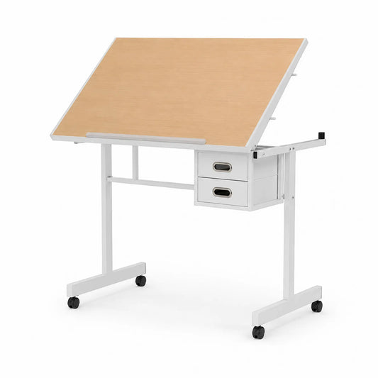 Scrivania da Disegno Regolabile in Acciaio e MDF con Ruote e Due Cassetti