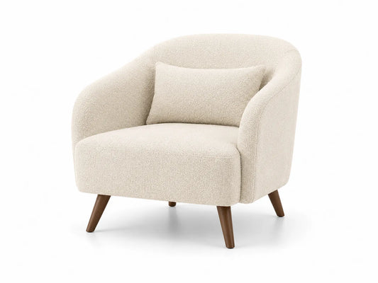 Poltrona in Tessuto Bouclè Beige con Gambe in Legno