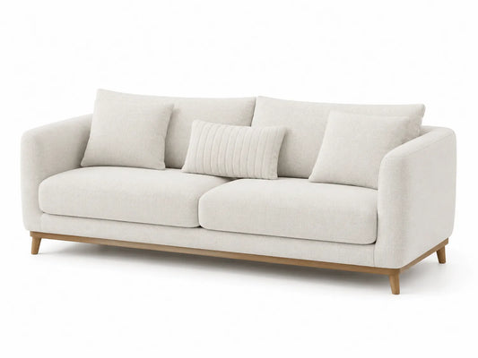 Divano tre posti in tessuto poliestere beige con struttura in legno