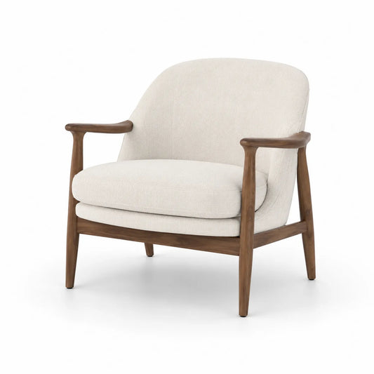 Poltrona in legno con rivestimento in tessuto beige