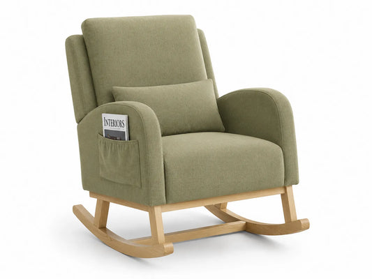 Poltrona a dondolo in cotone con struttura in legno massello verde 80x70x95 cm