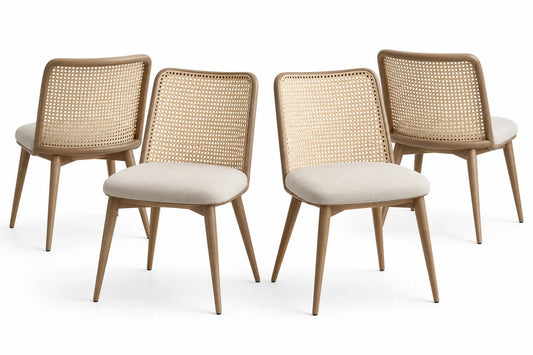 Set di 4 sedie in legno con schienale in rattan e seduta in tessuto beige