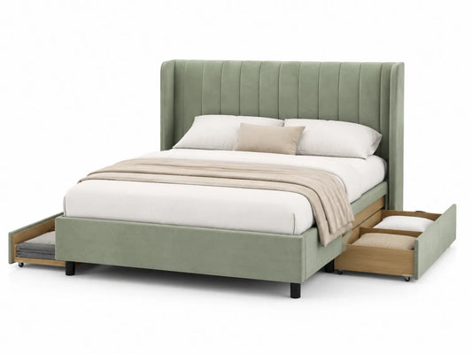 Letto matrimoniale con contenitore in velluto verde con testiera alta e cassetti